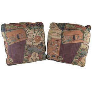 Tapestry Pillows Fishing Theme 2 Vtg Lures Rustic Cabin Fish Reel Yellowstone MT